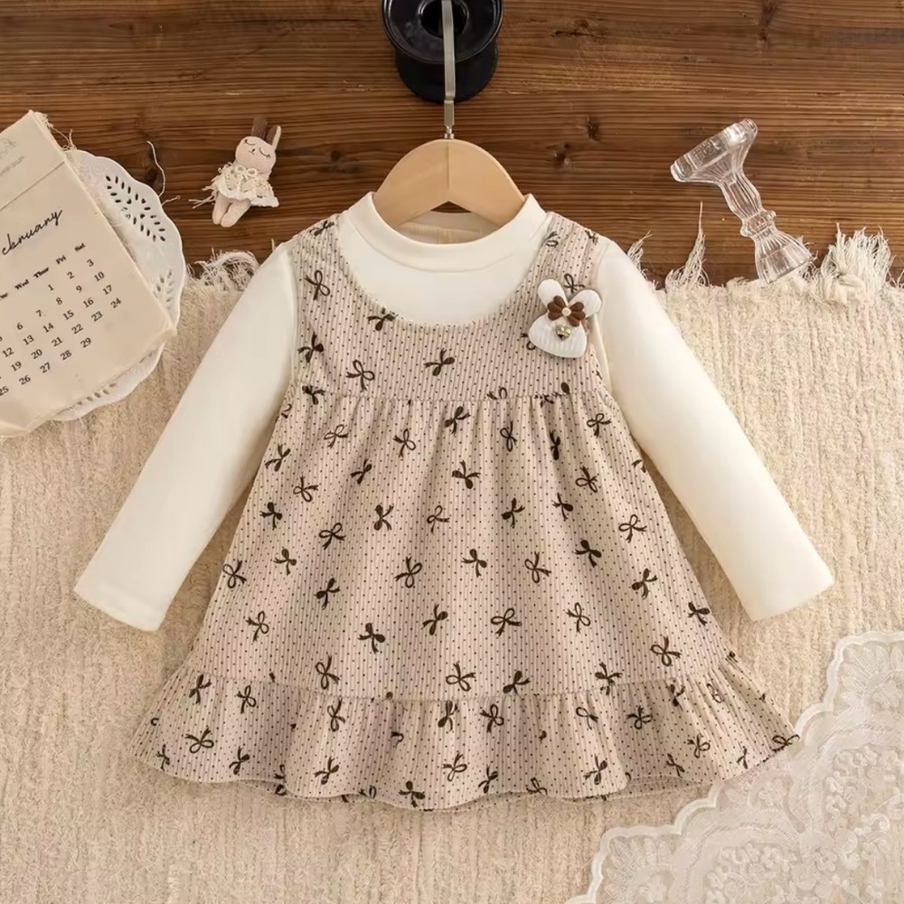 Bow Print Knit Baby Girl Dress – Cream Long Sleeve One-Piece (Size 2–3Y)